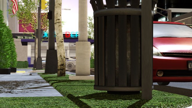 Photograph of trash can next to red car in Second Life
